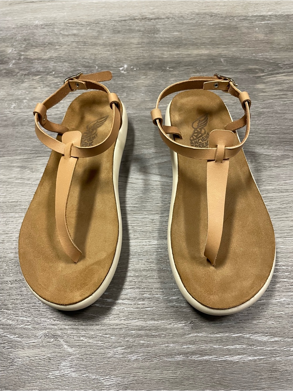 Ancient Greek Sandals Tan Leather T-Strap Ankle Strap Sandals Size 37 / US 7